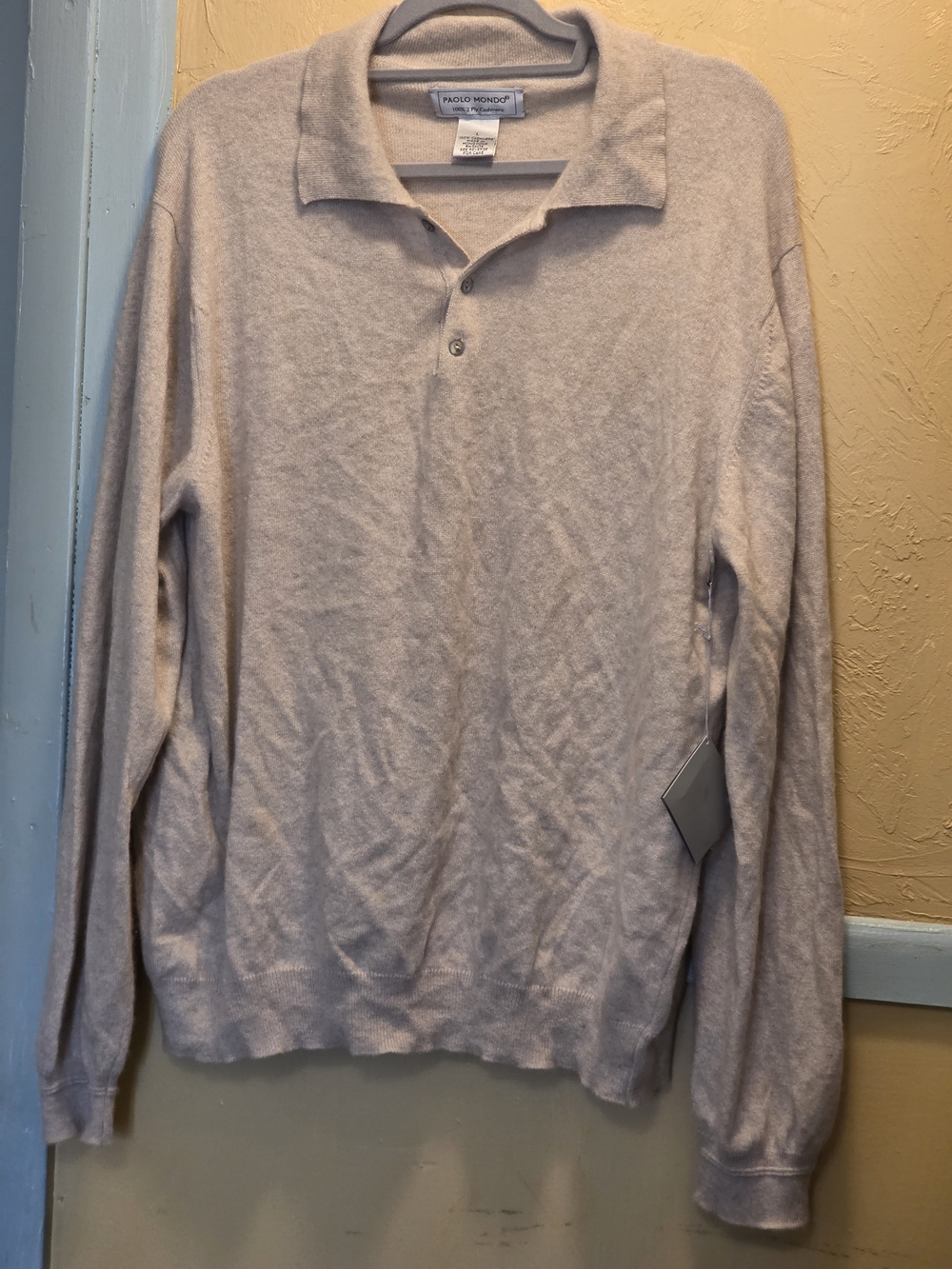Paolo Mondo Men's Light Cream V-Neck Polo Sweater 100% 2 Ply Cashmere